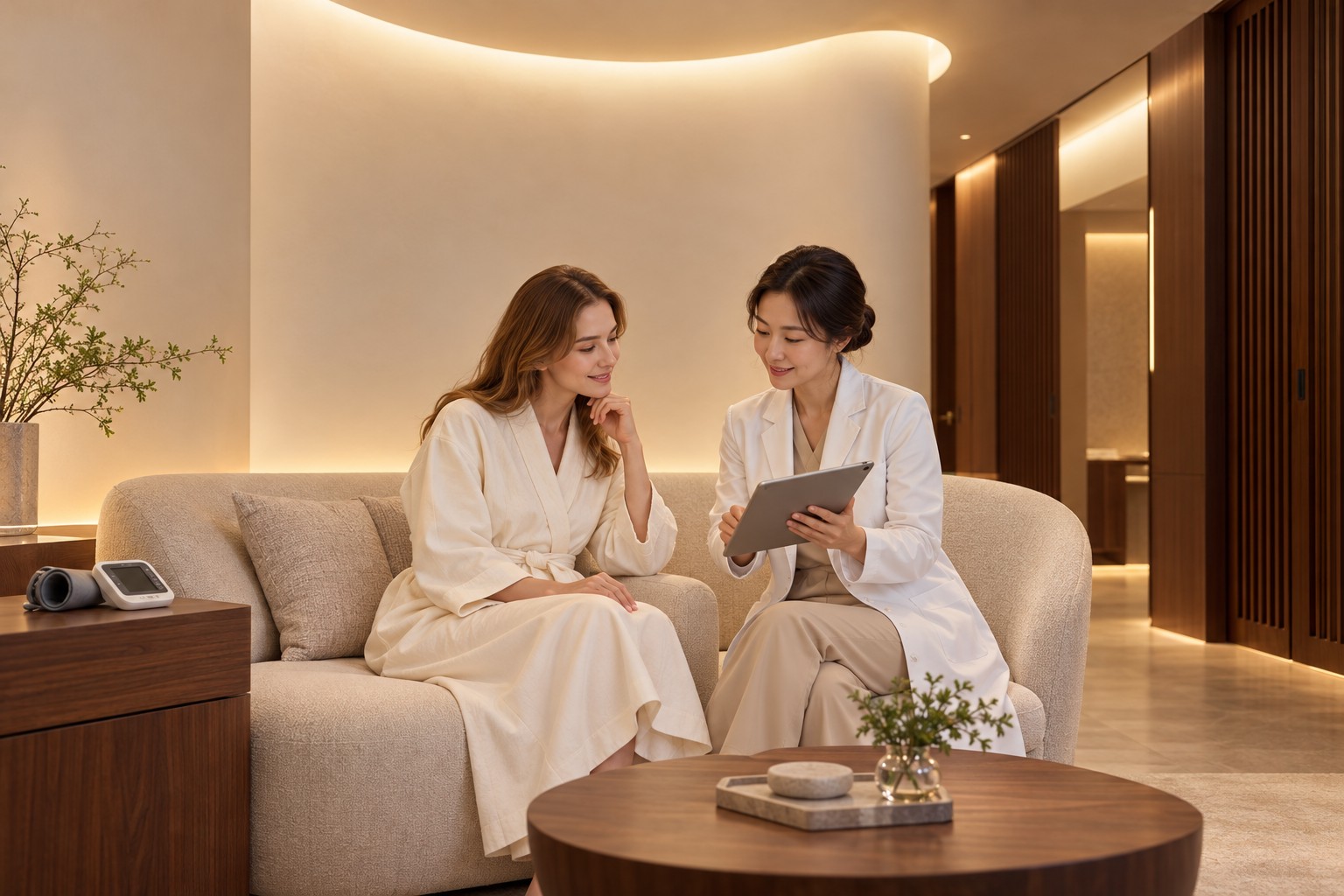Illustrative private health-screening consultation in a premium medical lounge