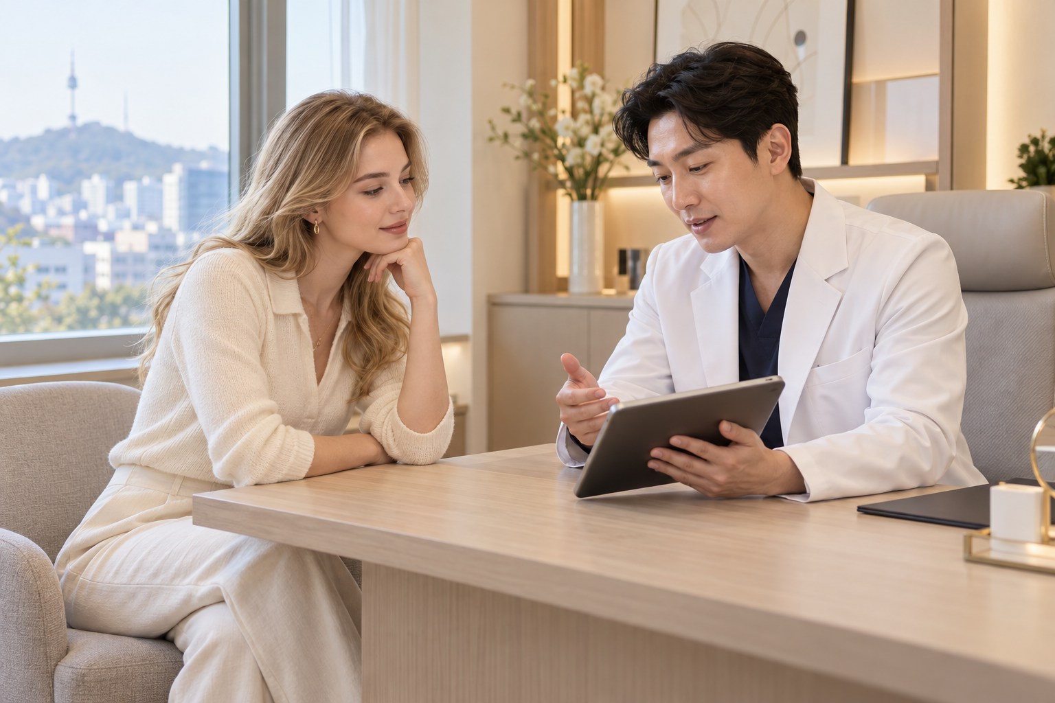 Illustrative consultation between an international visitor and a Korean surgeon